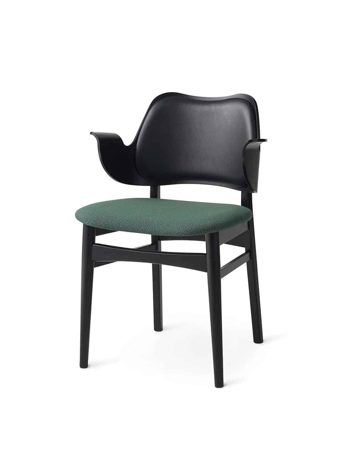 Обеденный стул Warm Nordic Gesture, черный бук черная кожа/темно-зеленые брызги на белом фоне вид сбоку